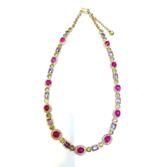 Art Deco Bochic "Capri" Ruby, Amethyst, & Peridot Necklace Set in 18K Gold & Silver For Sale - Image 3 of 16