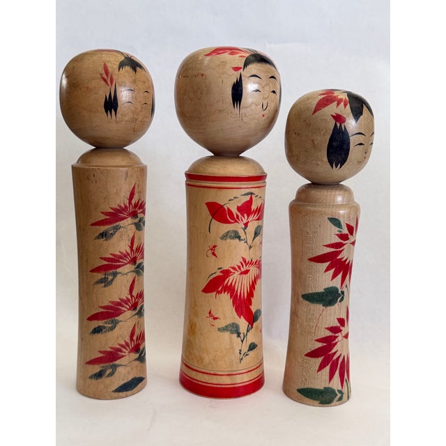 Japanese Three Vintage Kokeshi Dolls For Sale - Image 3 of 10