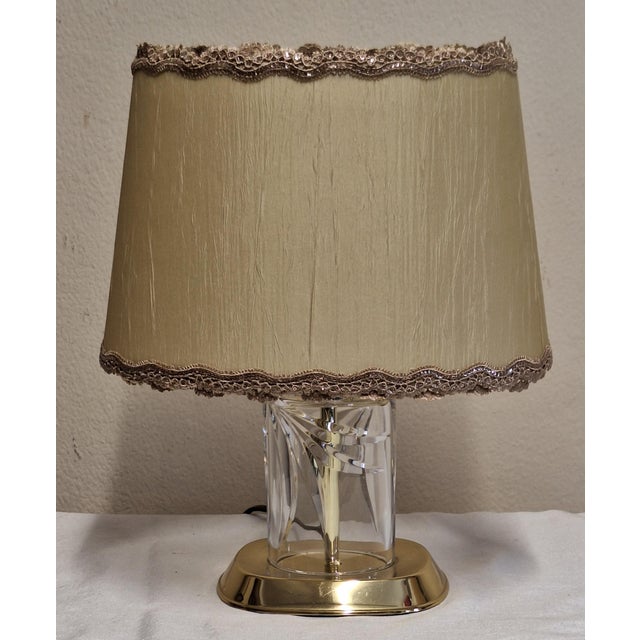 Vintage Nachtmann Table Lamp with Cut Crystal Glass Base in a Brass Mount and Fabric Shade, 1980s, in Very Good...