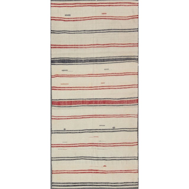 Textile Turkish Kilim Rug With Horizontal Stripes in Red and Blue, Cream Background For Sale - Image 7 of 7