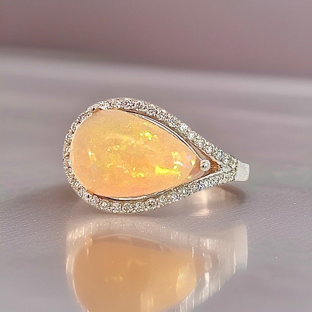 Metal Natural Opal Diamond Ring 6.75 14k W Gold 4 TCW Certified For Sale - Image 7 of 12