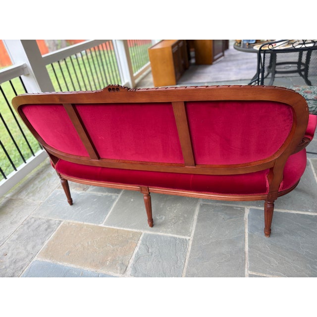 2000 - 2009 Mid-20th Century Italian Louis XVI Style Carved Walnut & Crimson Velvet Sofa by Meroni Francesco For Sale - Image 5 of 10