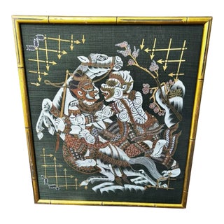 1960s Vintage Temple Thai Siamese Silk Batik Painting Warrior Deities & Horse Bamboo Framed For Sale