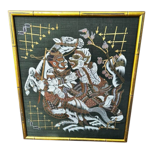 1960s Vintage Temple Thai Siamese Silk Batik Painting Warrior Deities & Horse Bamboo Framed