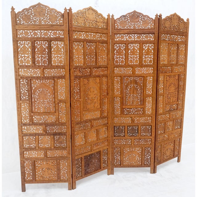 Fine Asian Carved Teak 4 Panels Screen Room Divider Mint! For Sale - Image 4 of 11