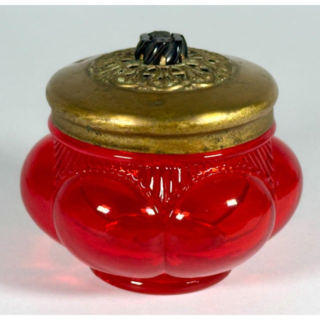 Early 20th Century Antique Ruby Glass Bonbonniere: Filigree Brass Lid, Cameo Decor For Sale - Image 5 of 10