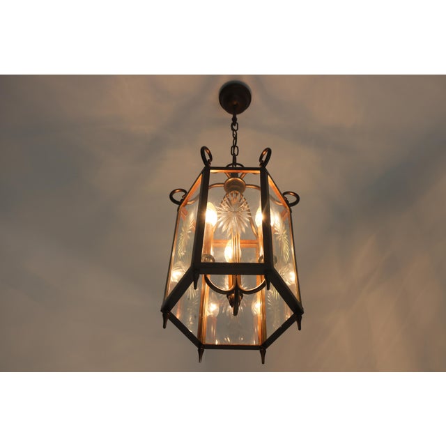 Metal French Neoclassical Brass and Star Etched Glass Hanging Lantern, 1950s For Sale - Image 7 of 13