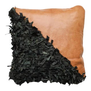 Handmade Geometric Shag Leather Decorative Pillow - Desert Sand & Black 18 X 18" Inches For Sale