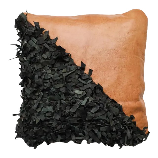 Handmade Geometric Shag Leather Decorative Pillow - Desert Sand & Black 18 X 18" Inches For Sale