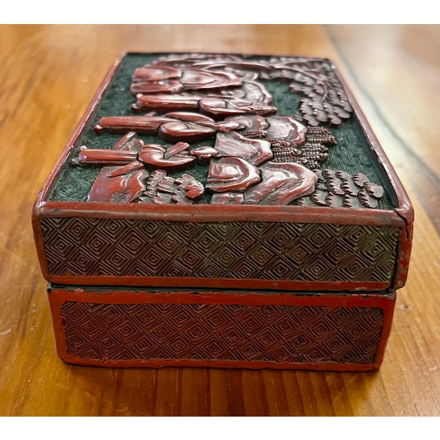 Antique 19th Century Chinese Carved Red Cinnabar Lacquer Table Box For Sale In New York - Image 6 of 18