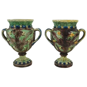 1880s Victorian Majolica Palissy Vases - a Pair