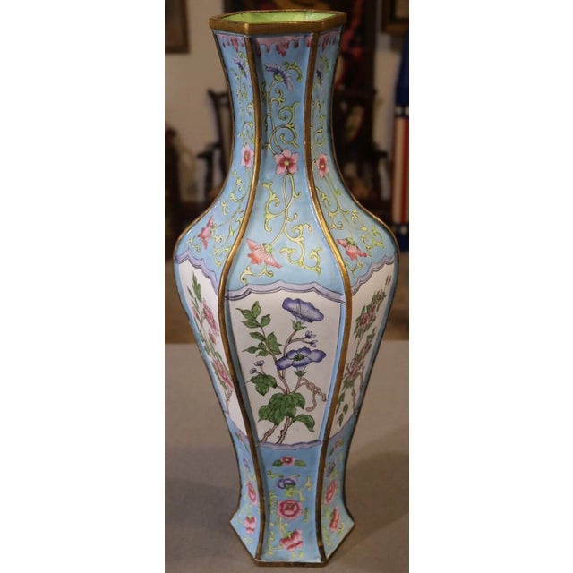 Chinese Early 20th Century Chinese Canton Enamel on Gilt Brass Floral Motifs Faceted Hexagonal Vase For Sale - Image 3 of 6