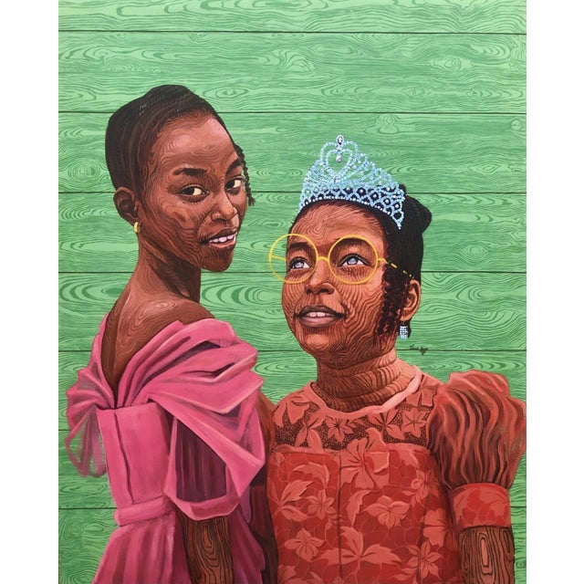 The Blind Gaze by Joseph Idowu | Acrylics on canvas Two girls in colorful dresses with accessories For Sale