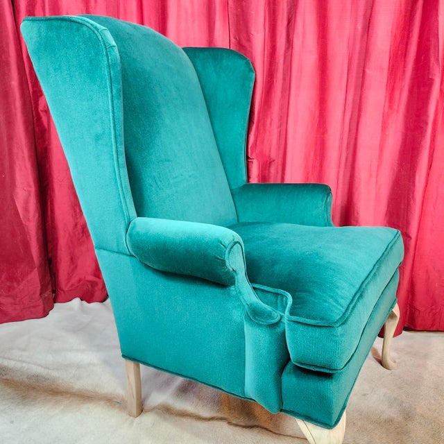 Scalamandre Wuthering Heights Emerald Green Velvet Upholstered Grandfather Chairs of Late 20th Century - 2 Available For Sale In Las Vegas - Image 6 of 16
