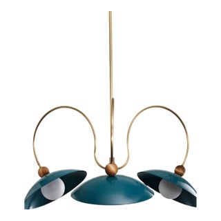 Contemporary Blueprint Lighting “Primrose” Chandelier – Teal & Aged Brass – Sculptural Designer Fixture For Sale