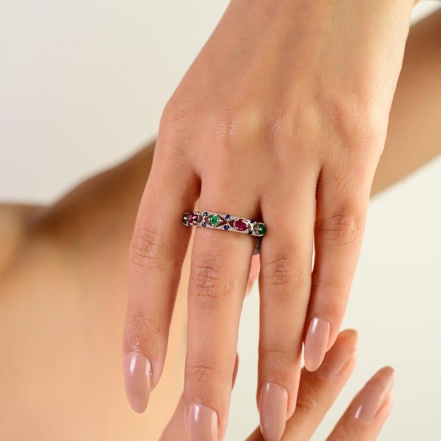 Green Antique 1.17 Carat Multi Gemstone Half Band Wedding Ring Crafted in Solid Silver - Size 7 For Sale - Image 8 of 10