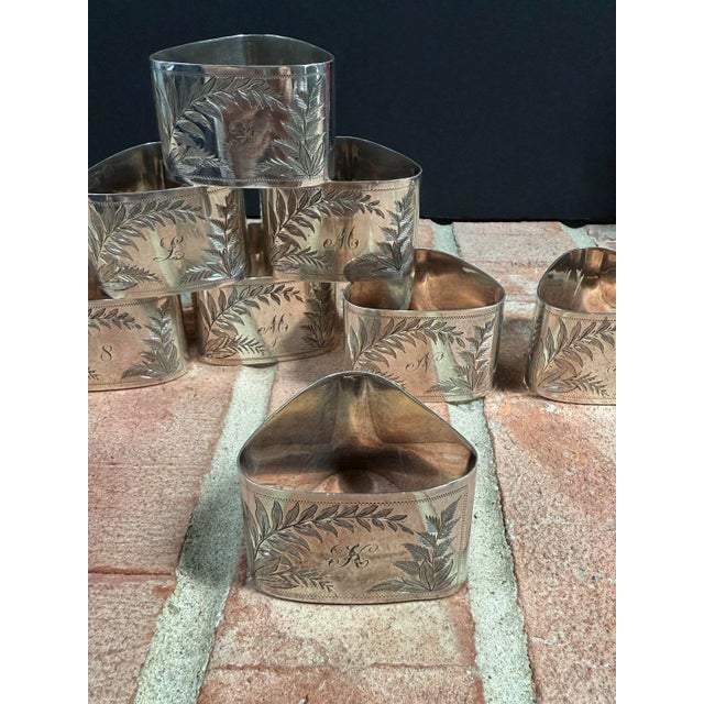 Metal Antique Victorian Era Silver Plate Engraved Napkin Rings With Original Box For Sale - Image 7 of 10