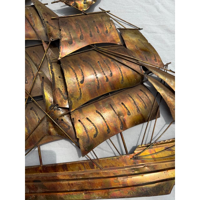 Brutalist Flame Torch-Cut Copper Metal Schooner Ship Wall Sculpture Art For Sale - Image 9 of 10