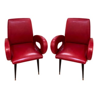 Italian Red Leather Armchairs, 1950s, Set of 2 For Sale