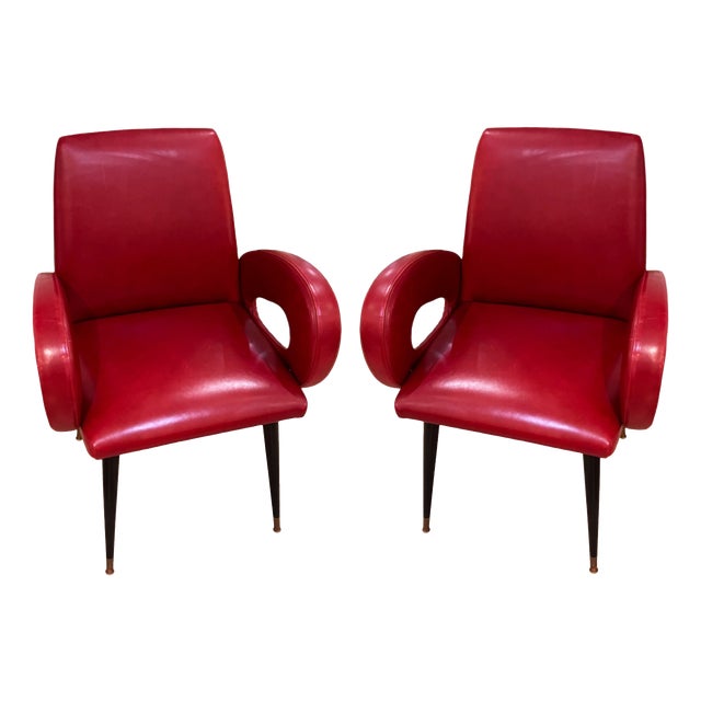 Italian Red Leather Armchairs, 1950s, Set of 2 For Sale