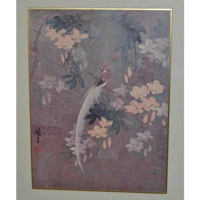 Asian Style Early 20th Century Signed 2 Matching Framed Asian Paintings Chinoiserie Hand Painted Bird Scene Gilt Faux Bamboo For Sale - Image 4 of 17