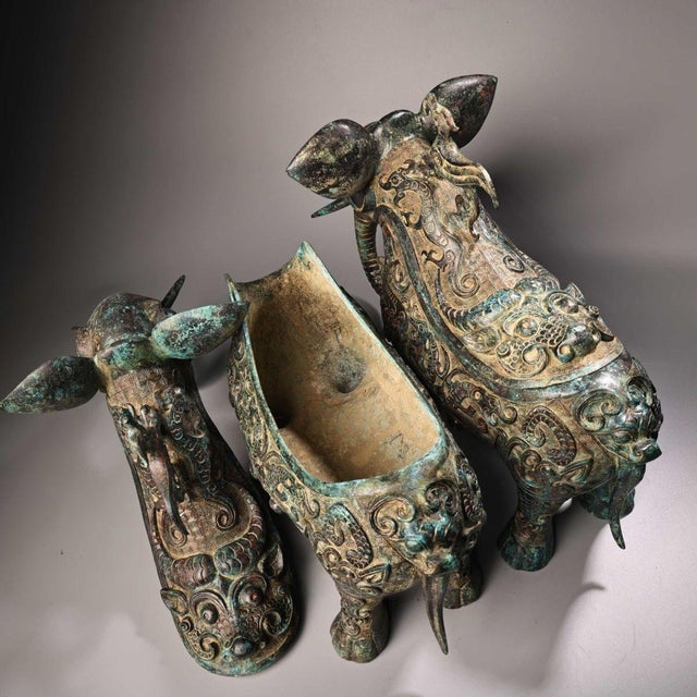Late 20th Century Late 20th Century Pair of Archaic Style Bronze Elephant-Form Vessels With Bird Finials For Sale - Image 5 of 10