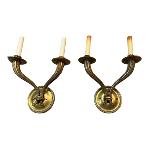 Antique French Art Deco Bronze Two Light Wall Sconces Circa 1920 - a Pair