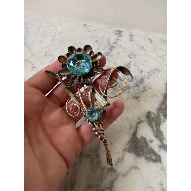 Early 20th Century Art Deco Brooch Gold Fill 12k Signed Harry Iskin Large Blue Stone For Sale - Image 5 of 7