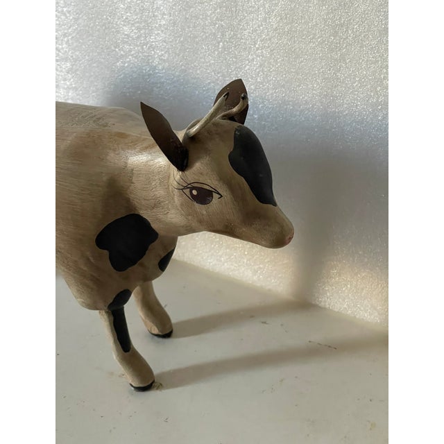 Wood 1950s Folk Art Wood Carved Signed Campbell Cow Figurine For Sale - Image 7 of 7