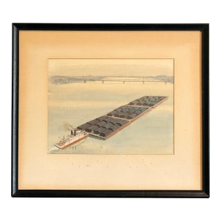 Robert Wathen Signed Watercolor and Gouache Painting of Steam Boat Pushing Pipe Barges on Ohio River For Sale