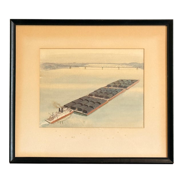 Robert Wathen Signed Watercolor and Gouache Painting of Steam Boat Pushing Pipe Barges on Ohio River For Sale