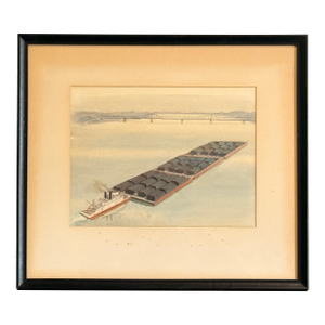 Robert Wathen Signed Watercolor and Gouache Painting of Steam Boat Pushing Pipe Barges on Ohio River