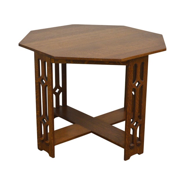 Arts & Crafts Antique Oak Octagonal Center Table With Pierced Legs