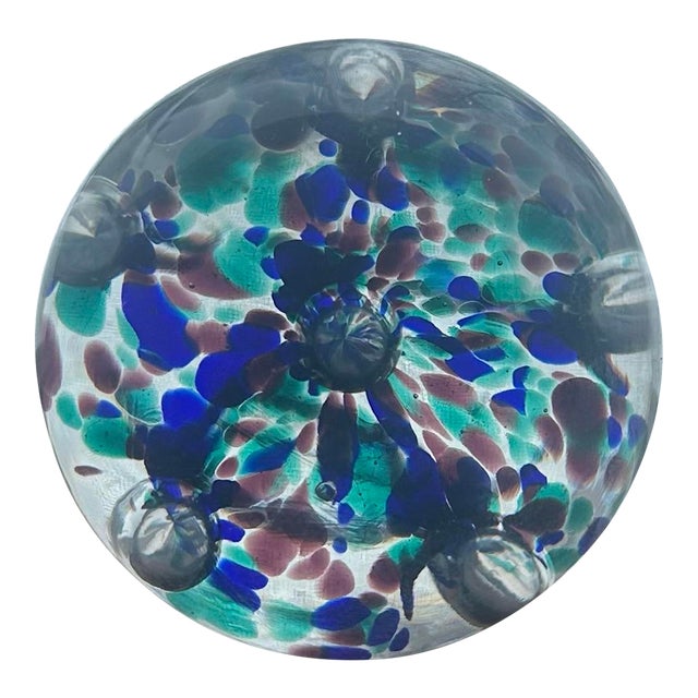 Handblown Art Glass Paperweight – Blue, Teal & Mauve For Sale
