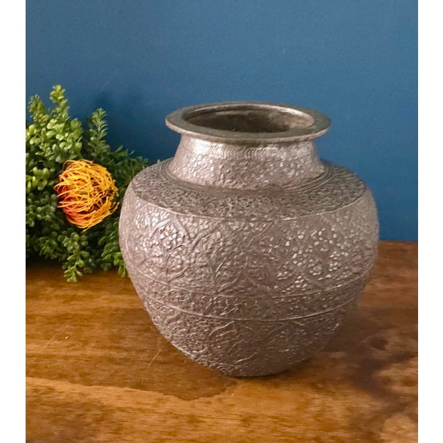 Antique Repoussé Silver-Plated Copper Vase, Likely Indian, Early 20th Century For Sale - Image 13 of 17