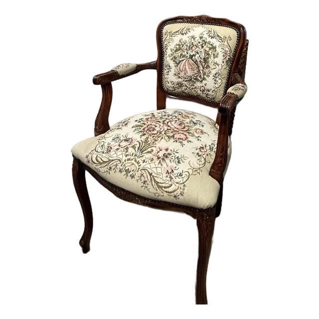 1950s French Louis XV Style Armchair Featuring a Carved Wood Frame and Needlepoint Tapestry Upholstery Depicting a Romantic Pastoral Scene For Sale