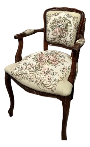 1950s French Louis XV Style Armchair Featuring a Carved Wood Frame and Needlepoint Tapestry Upholstery Depicting a Romantic Pastoral Scene