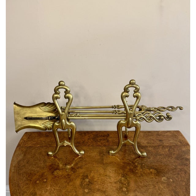 Metal Antique Edwardian Brass Fire Irons and Fire Dogs, 1900, Set of 5 For Sale - Image 7 of 8