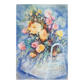 Vintage Impressionist Floral Still Life Watercolor Painting For Sale