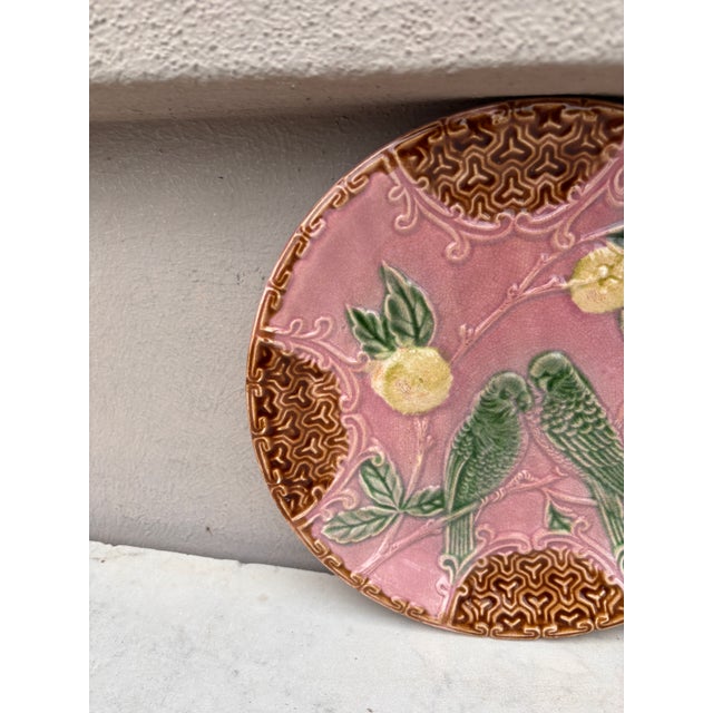 French French Pink Majolica Parakeets Plate Salins, Circa 1890 For Sale - Image 3 of 4