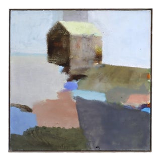 Mid-Century Modern 'House Above the Fields' Vintage Original Abstract Landscape Oil Painting, Framed For Sale