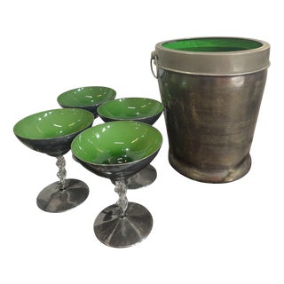 Green Glass and Silver-Plated Cocktail Set, 1970s, Set of 5 For Sale