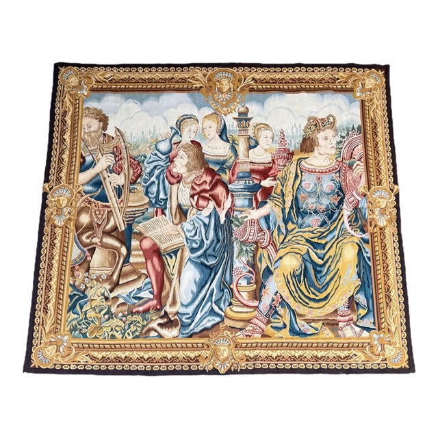 Vintage European Courtly Music Scene Figural Wall Tapestry - 5'5" X 5'1 For Sale