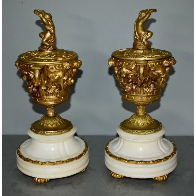 Gold Antique French Cassolette Urns 1880s Gilt Bronze Cherub Marble Vases Lids Pair For Sale - Image 8 of 12