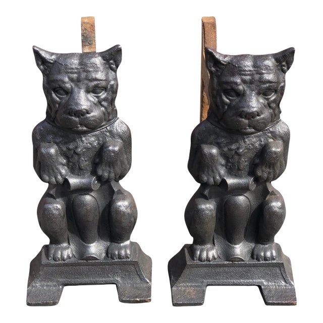 Pair of Cast Iron Dog Andirons For Sale