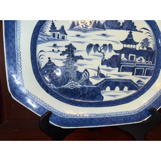 Large antique Chinese export porcelain Canton blue & white serving platter is a nice example of Canton ware from the early...
