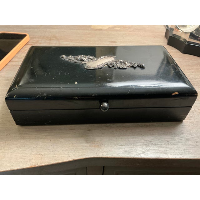 Vintage Black Lacquered Playing Card Box With Silver Cartouche Centerpiece For Sale - Image 9 of 9