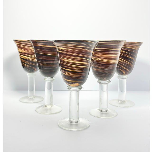 5 Handblown Murano-style Brown Amber Swirl Water or Wine Goblets 8 1/4” 14oz No chips, cracks, or fleabites. Height 8...