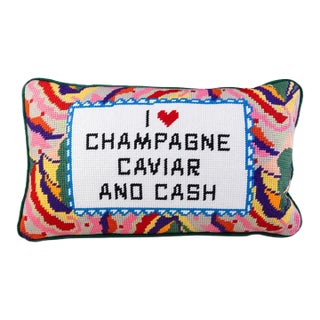 I Love Champagne, Caviar and Cash Needlepoint Pillow For Sale