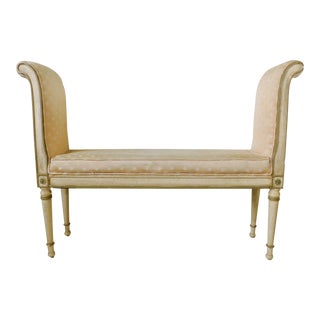Vintage French Provincial Upholstered Bench High Sides Scrolled Arms For Sale